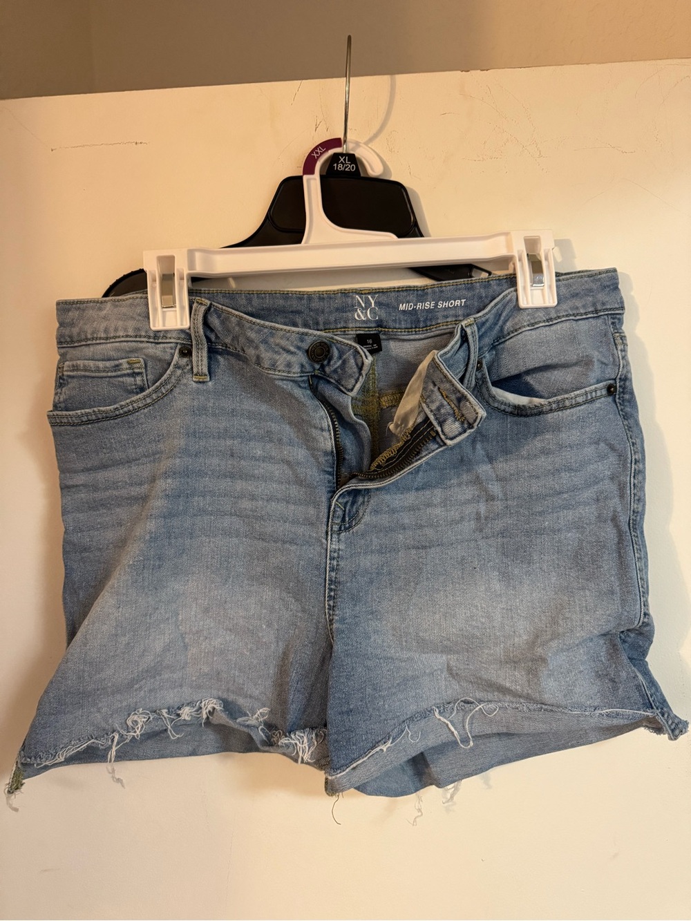 New York & Company Light Blue Frayed Denim Mid-Rise Shorts